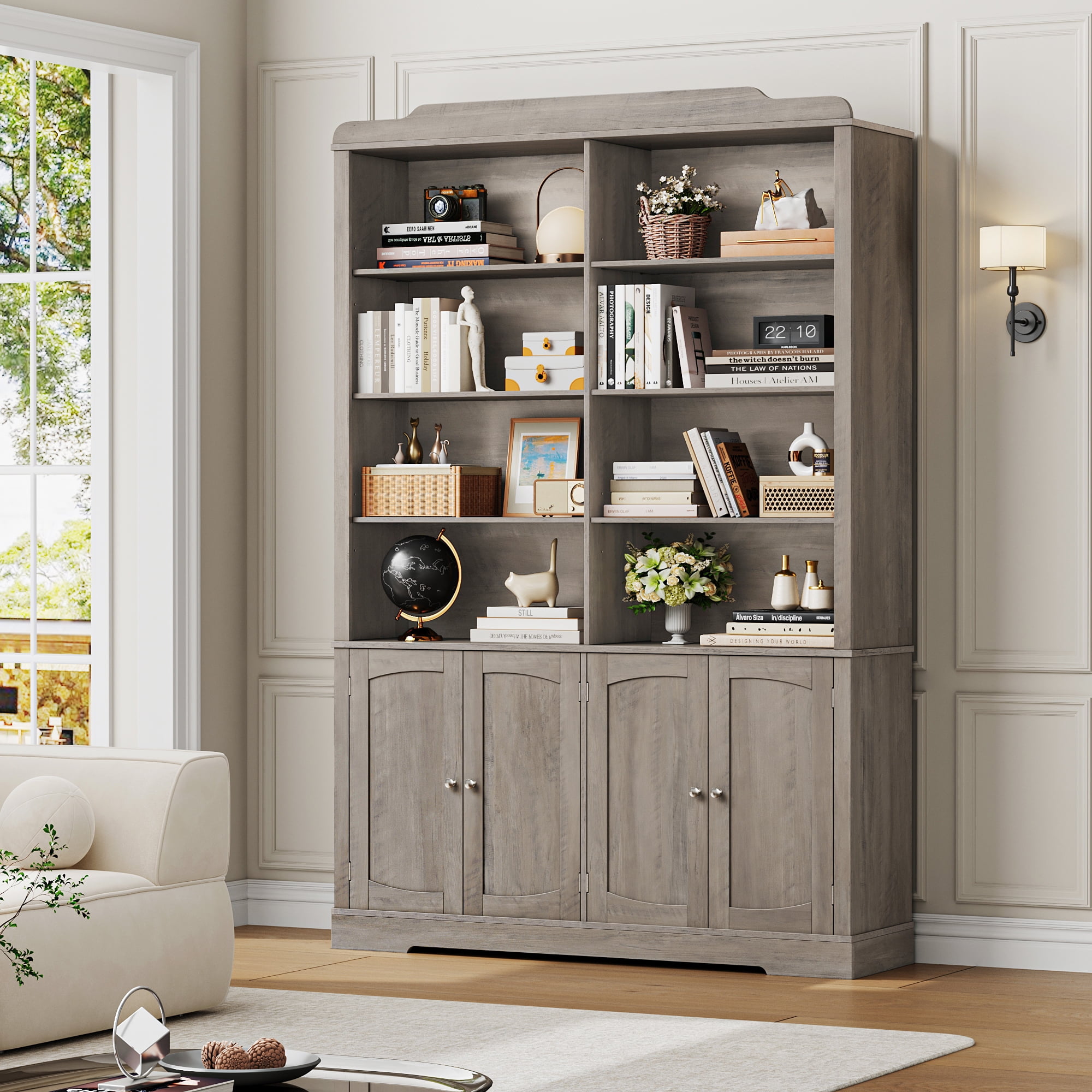 Homfa 73'' Tall Bookcase with 4 Doors, 6-Tier 8 Cubes Display Bookshelf, Double Row Bookcase with Adjustable Shelves for Living Room Home Office, Gray
