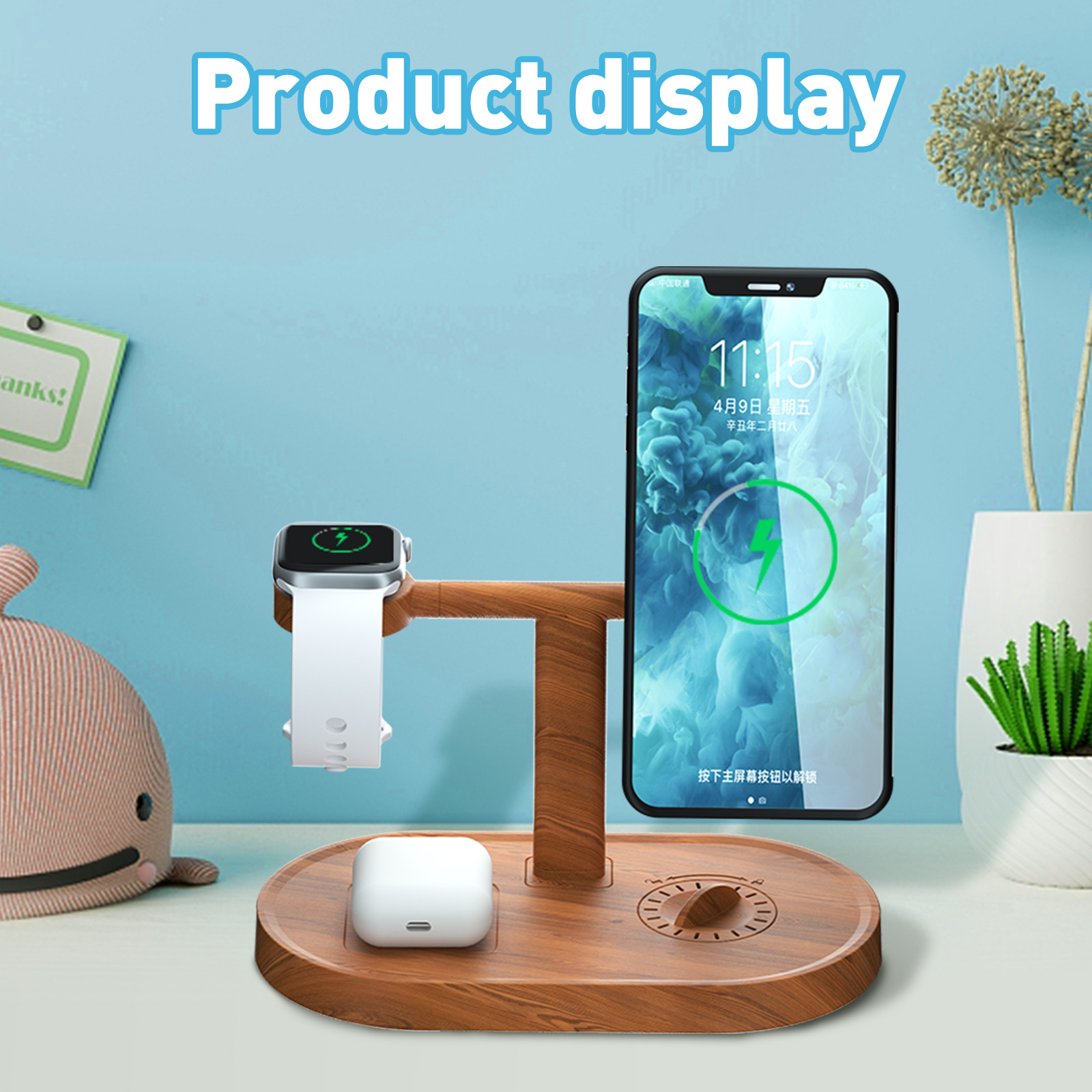SMOIVE 3 in 1 Wireless Qi Fast Charger Dock Stand for iPhone 12 And Above &AirPods 2 and above & Apple Watch (Wood Color) - image 6 of 8