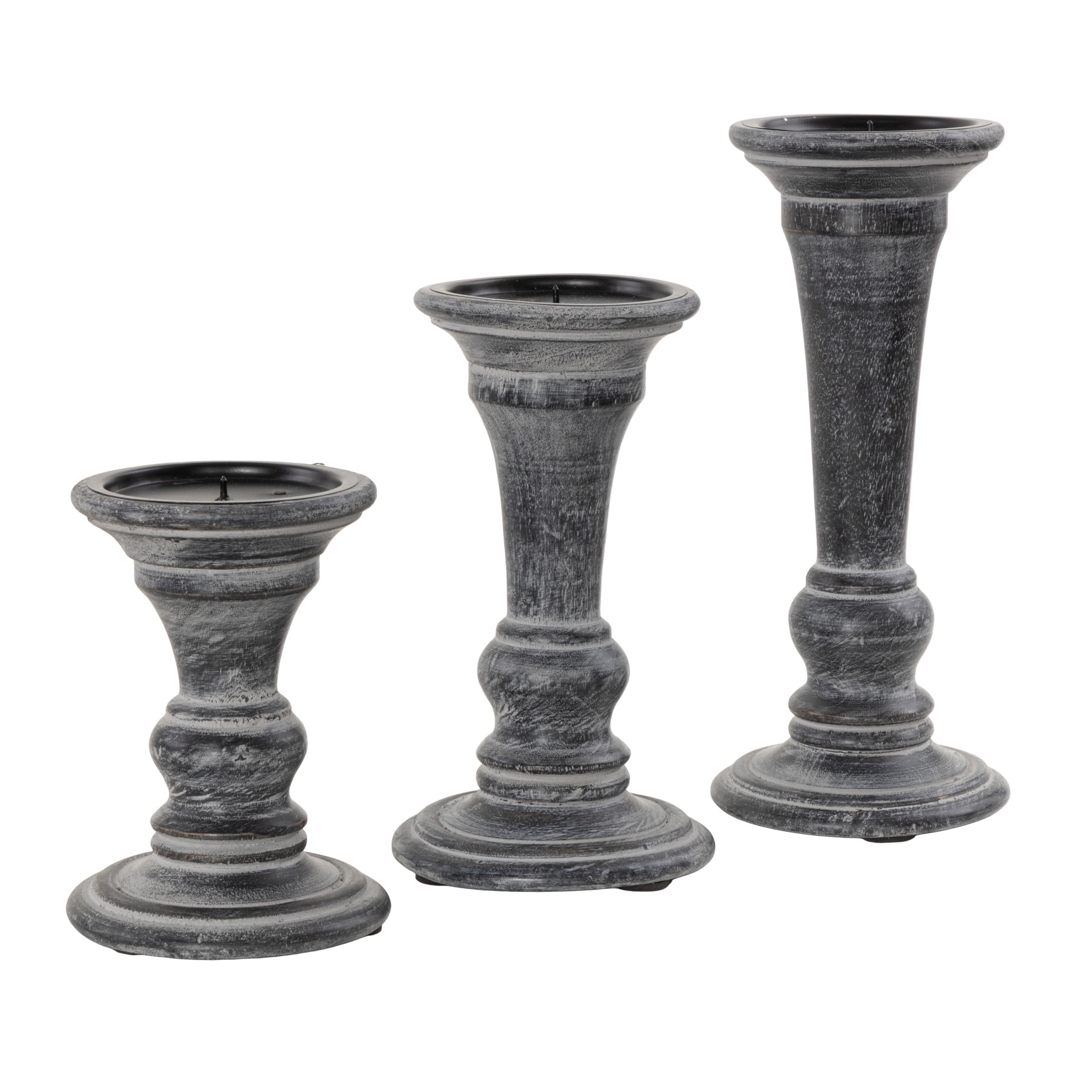 DecMode 3 Candle Black Mango Wood Whitewashed Turned Candle Holder, Set of 3