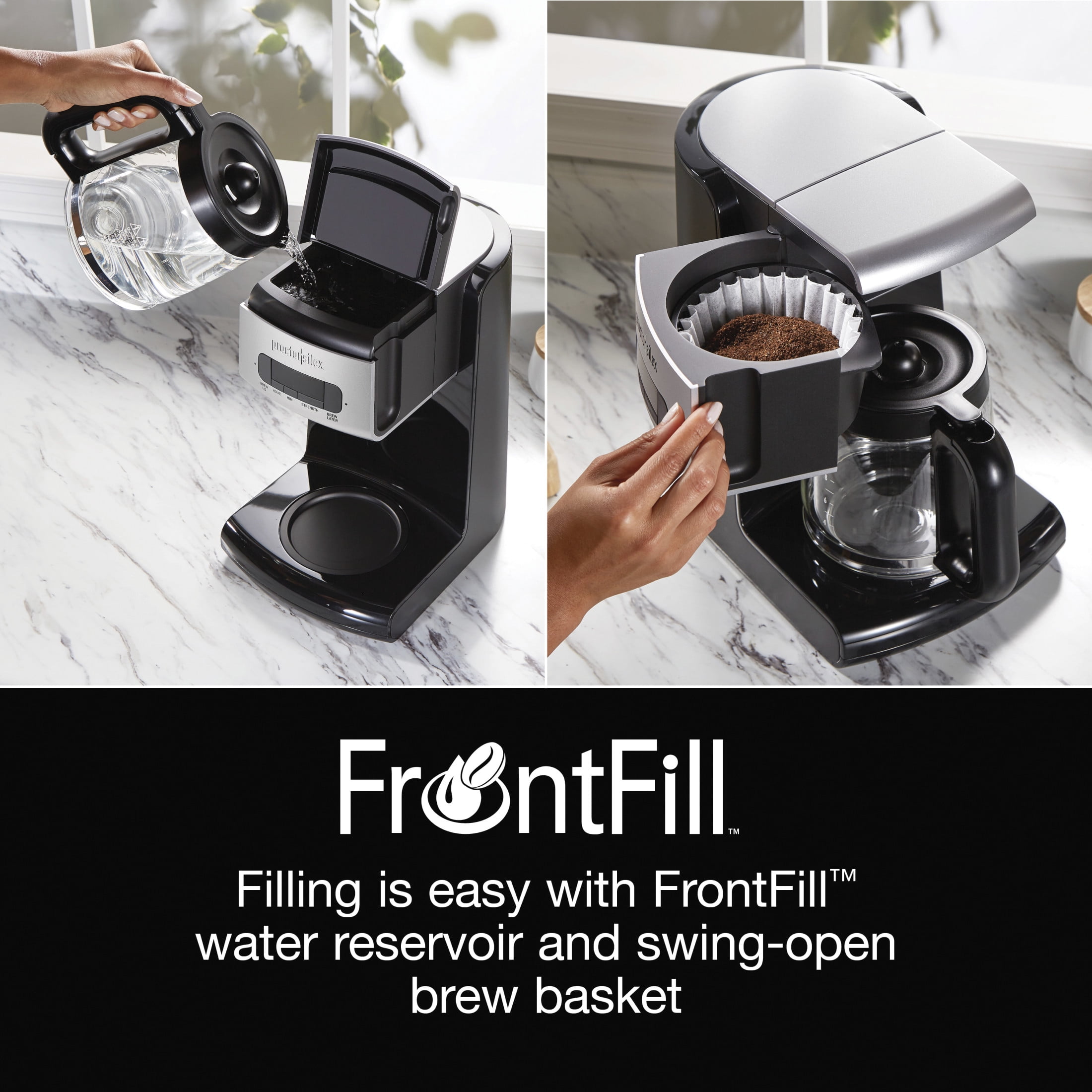 Proctor Silex Front Fill 12-Cup Programmable Drip Coffee Maker Machine with Glass Coffee Pot, Cafetera, Black