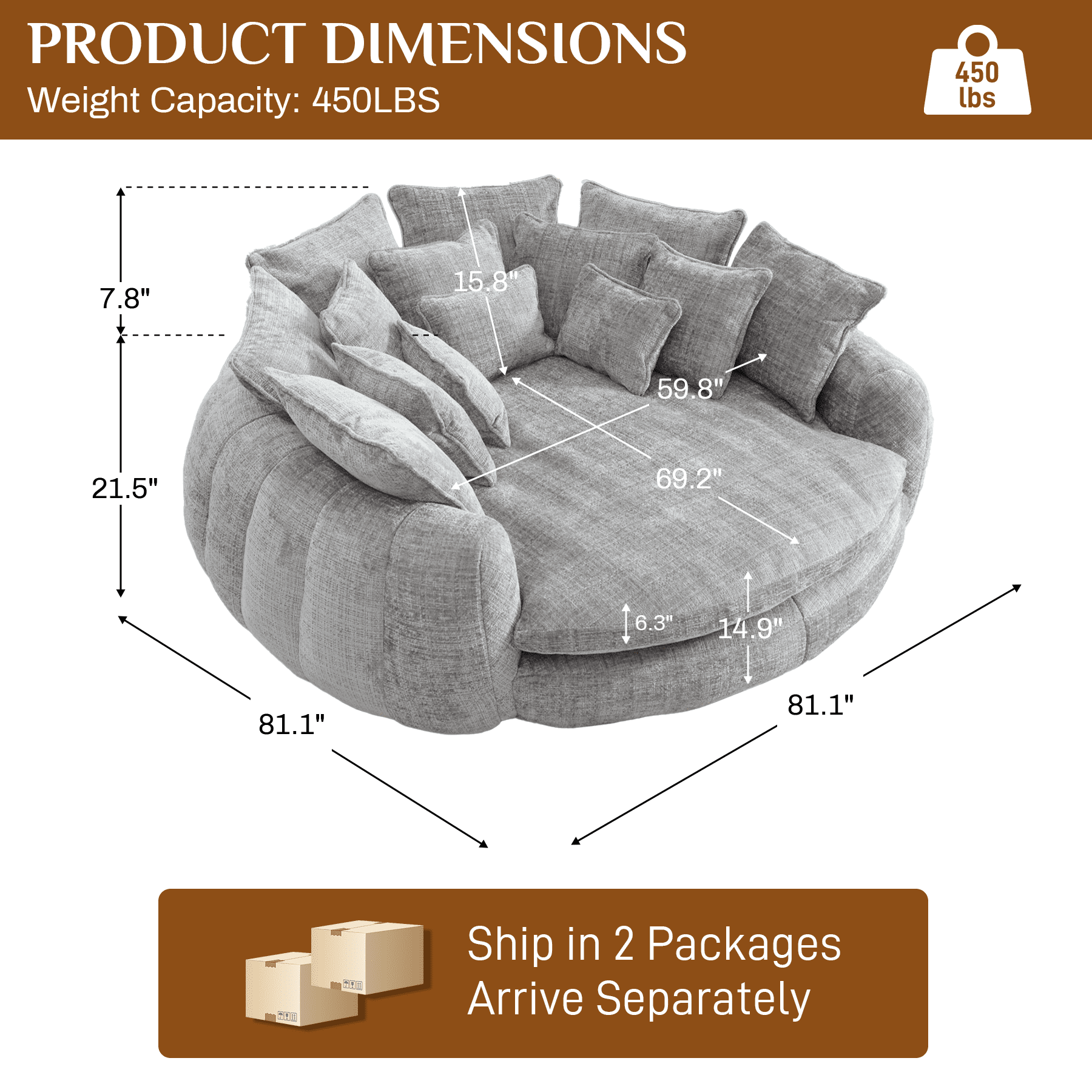 Rophefx 81.1" Oversized Round Chaise Lounge Sofa Bed,Fluffy Plush Cloud Couch with Deep Seat and 14 Pillows,Modern Comfy Couch for Living Room Apartment,Grey