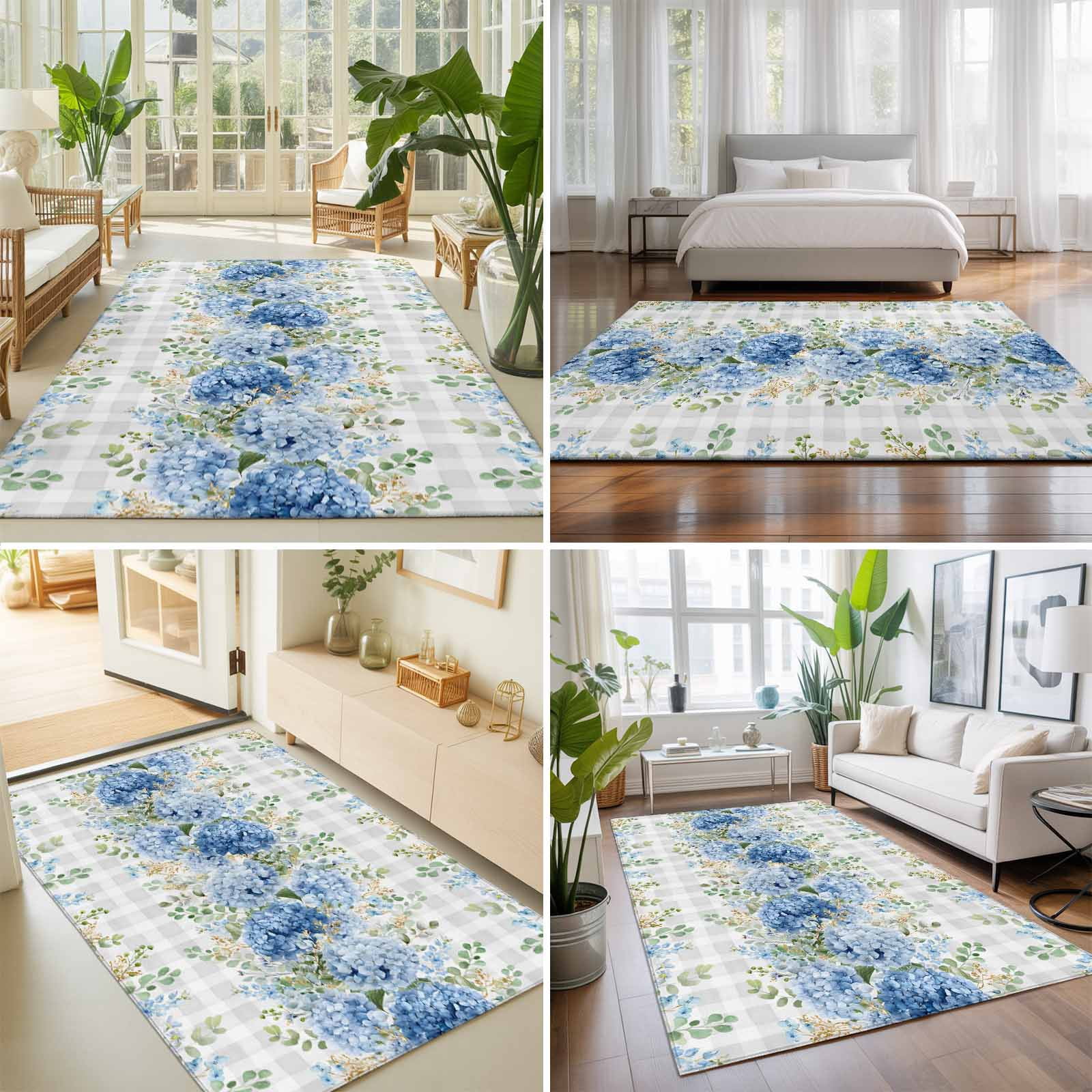 Blue Flower Rectangle Rug 5'x7' Summer Country Hydrangea Floral Grey Plaid Washable Area Rugs for Living Room Bedroom Entryway Non Slip&nbsp; Entrance Door Mat Indoor Floor Carpet