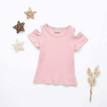 

Bullpiano Toddler Girls Short Sleeve Crew Neck Tee Cotton Off-shoulder T-shirt Summer Clothes Tops