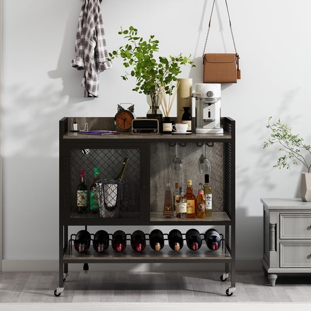 BENOSS Armoire à Vin à 3 Niveaux avec Porte-Gobelets et Rangement Ventilé, Gris