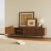 POVISON-Mid-Century Modern TV Stand, Louvered Wood Entertainment Center with Slatted Doors, Open Storage,94.49"