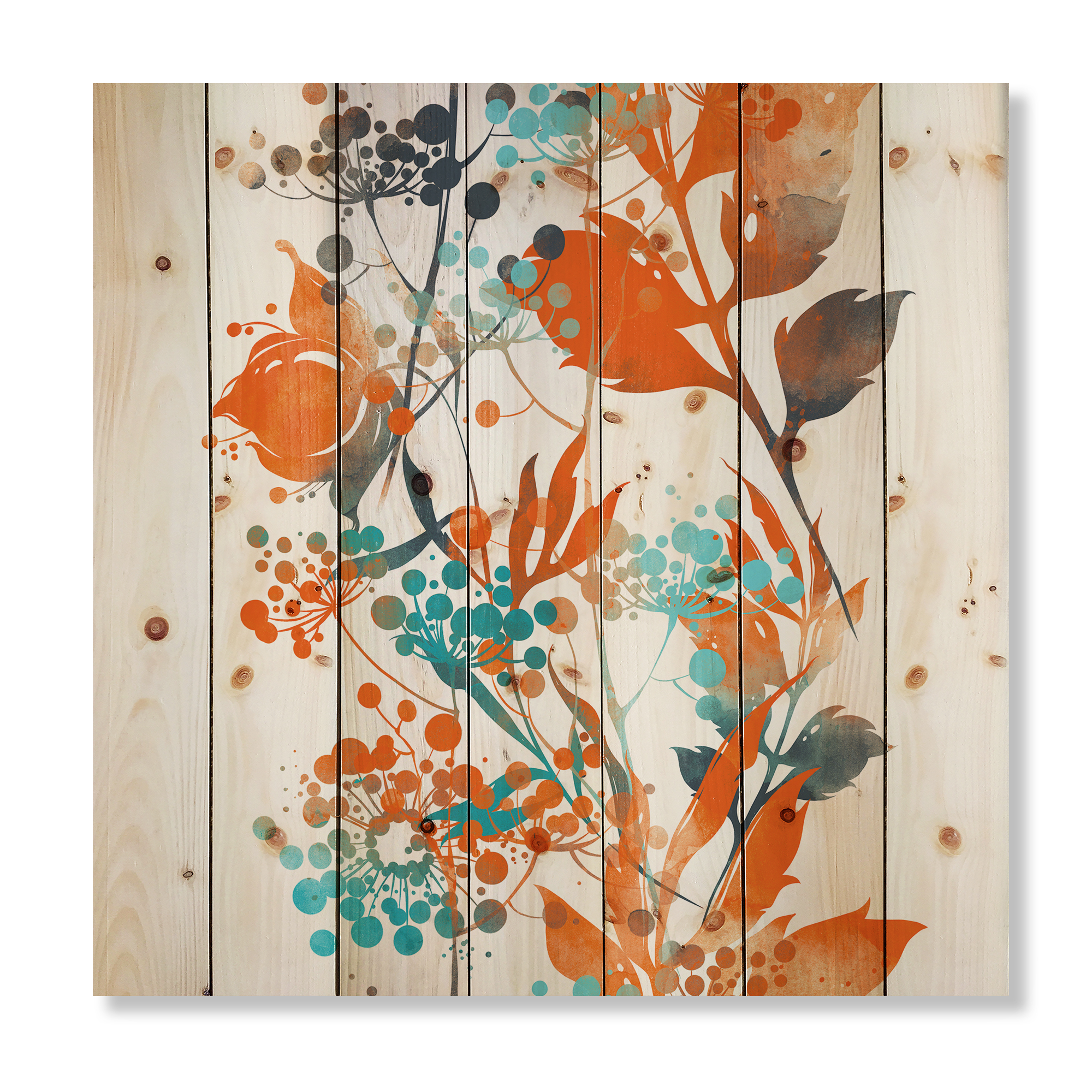 Designart 'Orange and Green Wildflowers III' Modern Print on Natural Pine Wood
