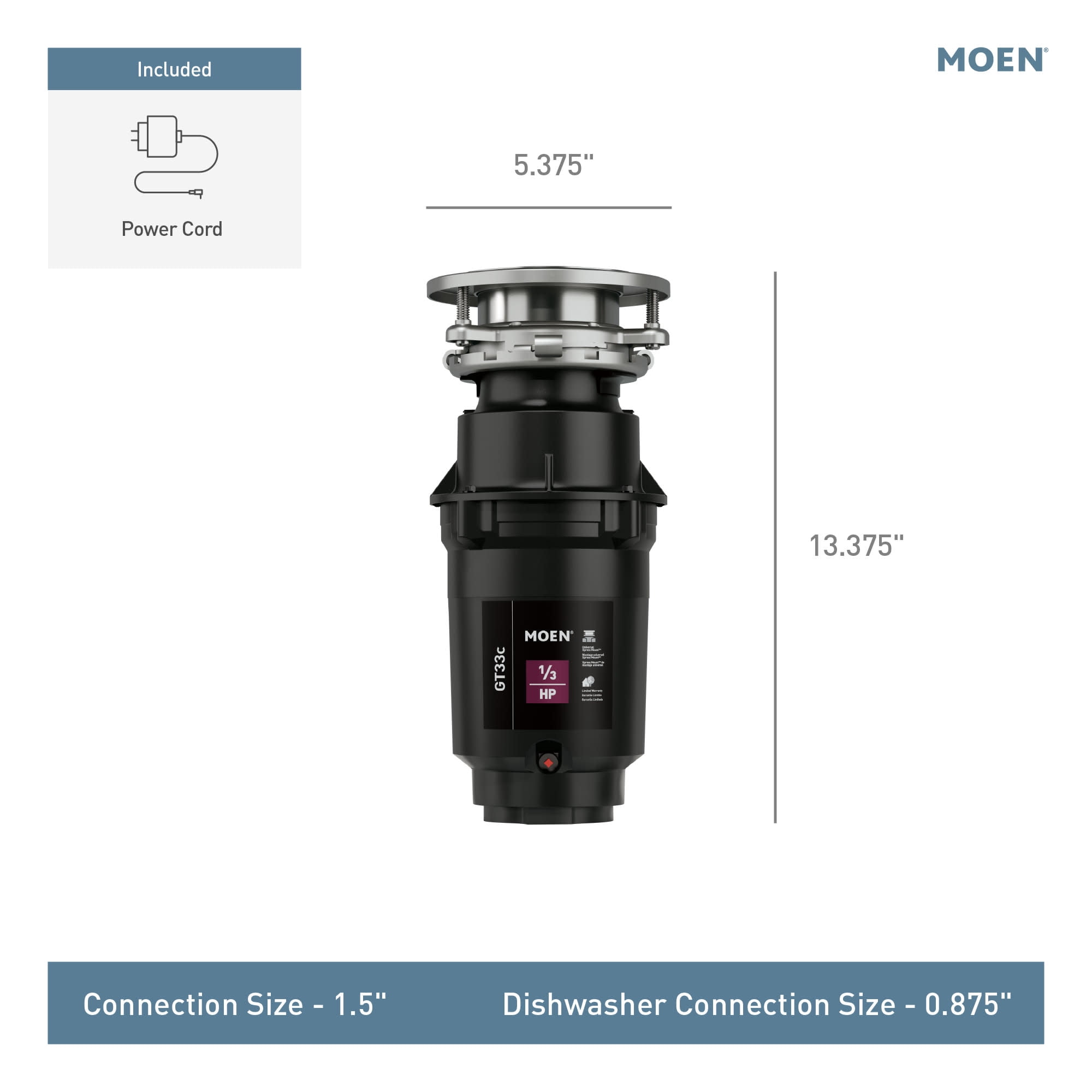 Moen Gt33c Gt Series 1/3 Hp Continuous Garbage Disposal - Black