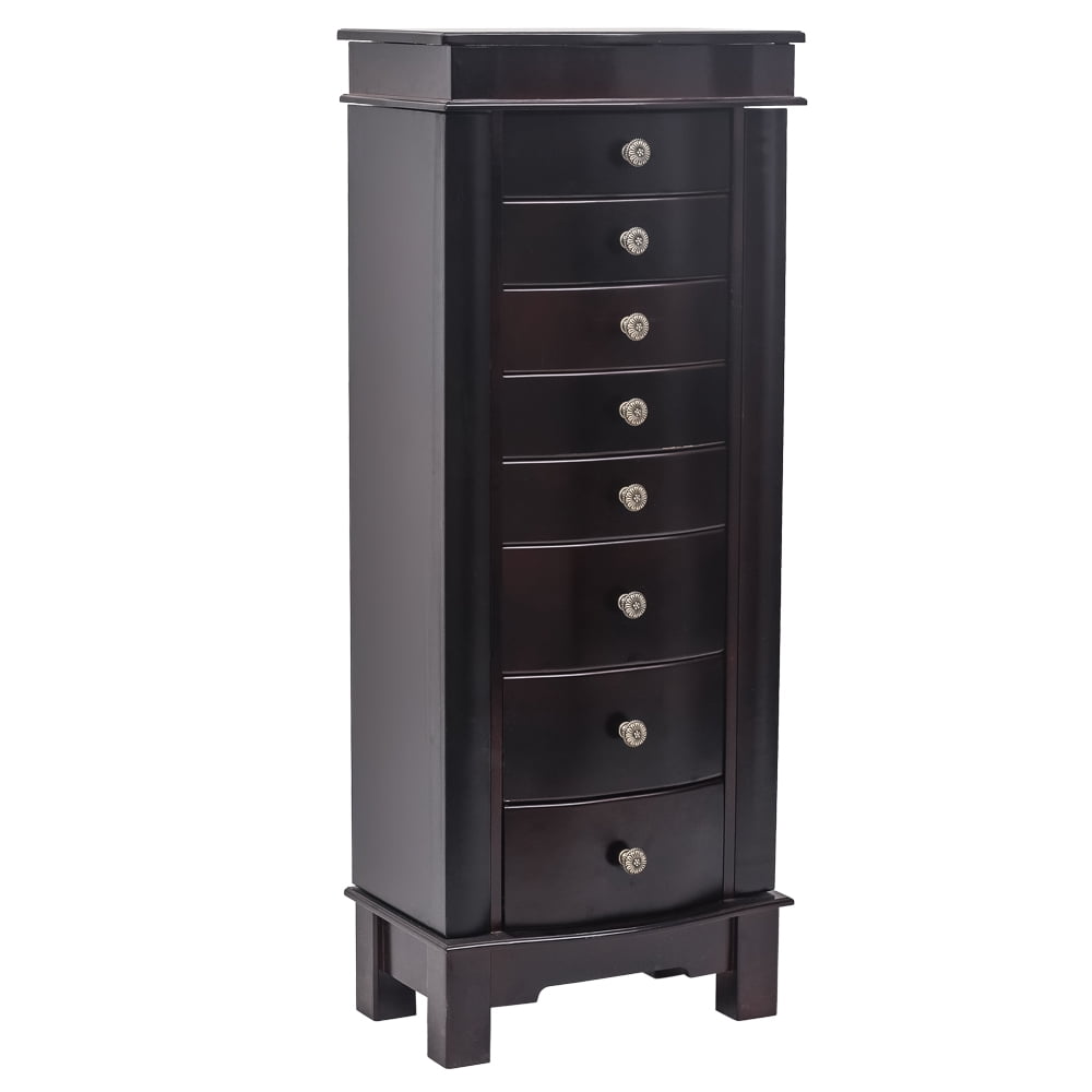 Classic Jewelry Armoire With Mirror 8 Drawers & 16 Necklace Hooks 2 Side Swing Doors Brown