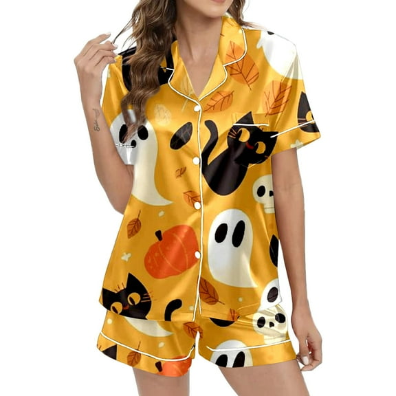 Ulitacool Womens Halloween Pajamas Lapel Top And Pants Ghosts Cartoon Pattern Sleepwear Jammies Short Sleeve Nightwear Autummn Winter Cute Outfits L Orange