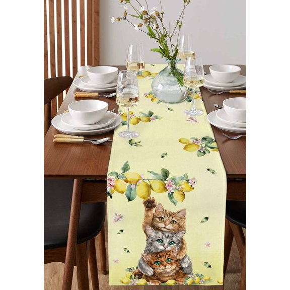 Rustic Cat Yellow Lemon Table Runner 13x72in Non-Slip Cotton Linen Table Runners, Farmhouse Animal Fruit Plant Dresser Scarves TableRunner for Dinner Kitchen Dining Wedding Party