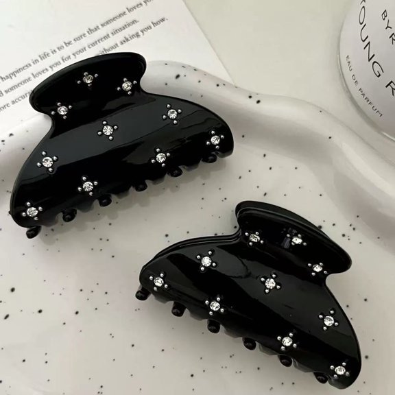 Rhinestone Hair Claw Clip, Strong Grip Recycled Plastic Clip for Thick, Curly & Fine Hair, Sparkling Stud Design for Elegant Updos & Half-Up Styles, Medium | Ideal Gifts for Women, Black, 2pc