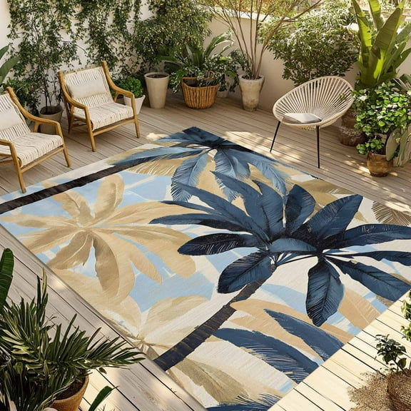 Fsddascl Navy Blue Palm Trees Outdoor Rug for Patio/Deck/Porch, Non-Slip Large Area Rug 4 x 6 Ft, Vintage Summer Botanical Watercolor Indoor Outdoor Rugs Washable Area Rugs, Camping Rug Carpet