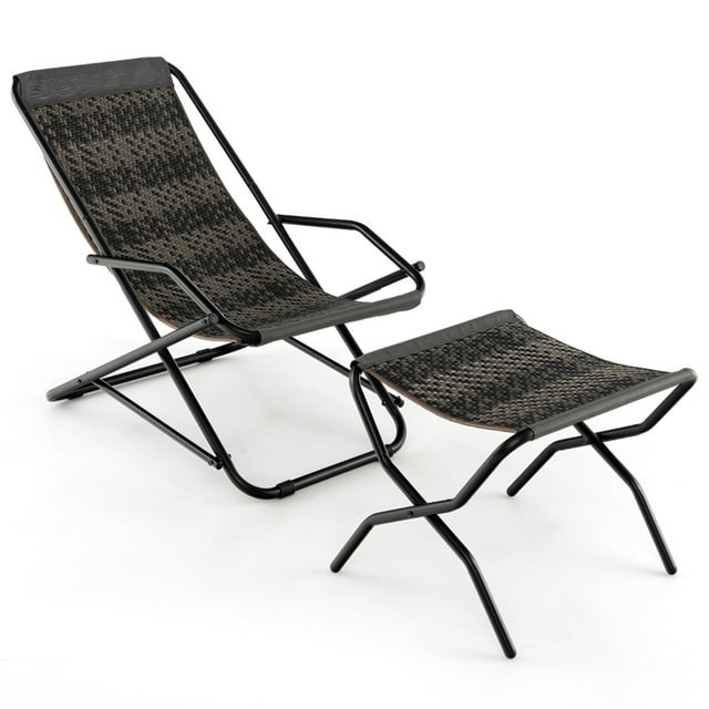 Costway Silla con Otomana Portátil para Exteriores Sillón de Patio con Ratán Pe y Marco de Metal Gris Mezcla