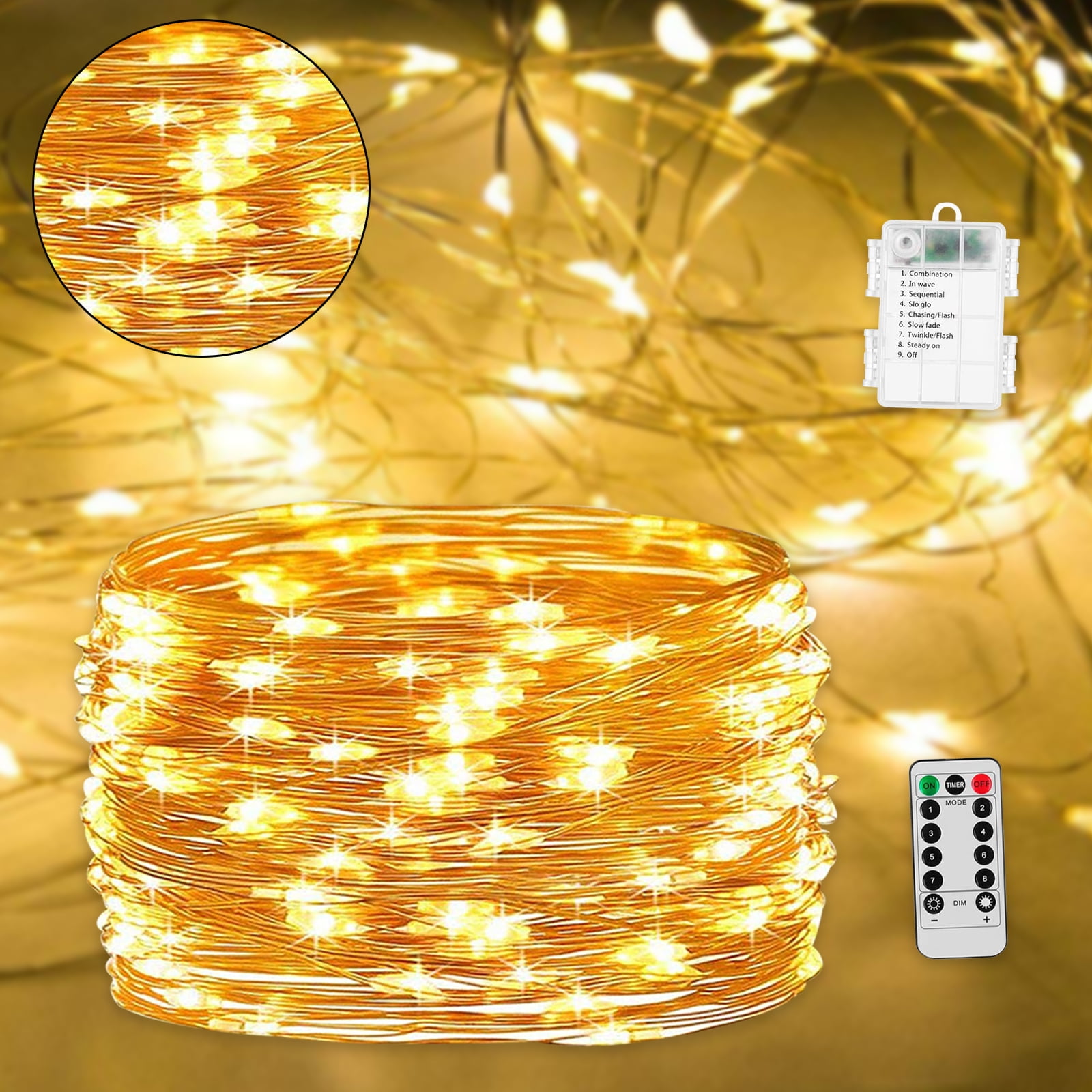33FT 100LED Warm White Copper Wire String Fairy Light Party Battery Operated 
