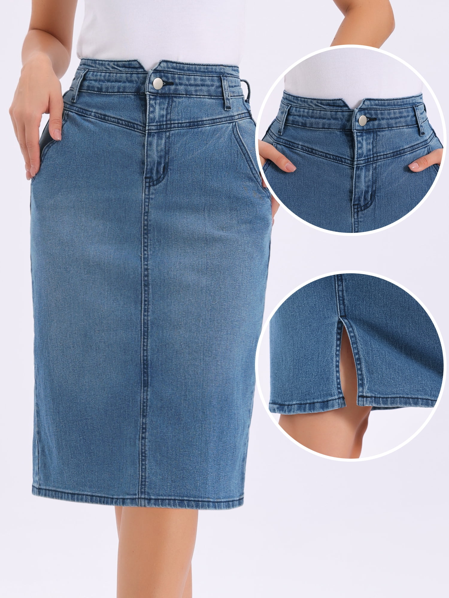 DARING DIVA Women's Back Slit Stretchy Below Knee Length Jean Skirt XS Blue