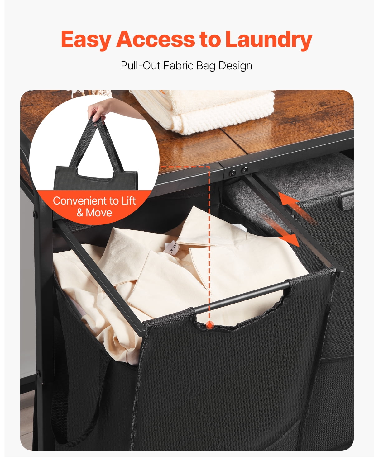 VEVOR 2 Section Laundry Sorter, Large Laundry Hamper with Metal Frame and Wooden Tabletop, Freestanding Storage Organizer Baskets with Pull-Out 600D Oxford Cloth Bags for Dirty Clothes, Bathroom