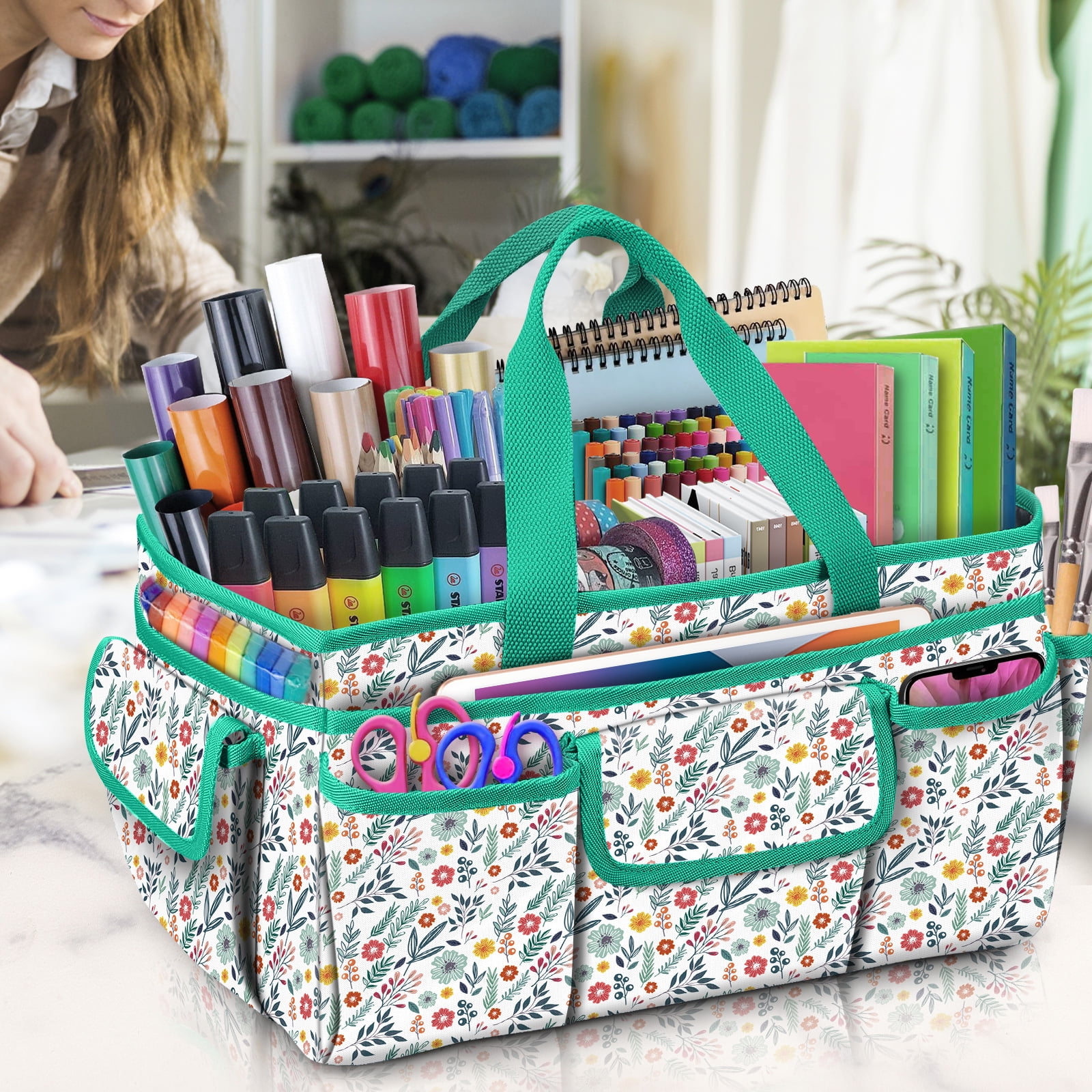 FINPAC Large Craft Storage Tote Bag with Multiple Pockets, Scrapbooking Carrying Case Storage Caddy with Handle for Sewing, Art, Desktop, Baby Care Supplies, Spring Bloom