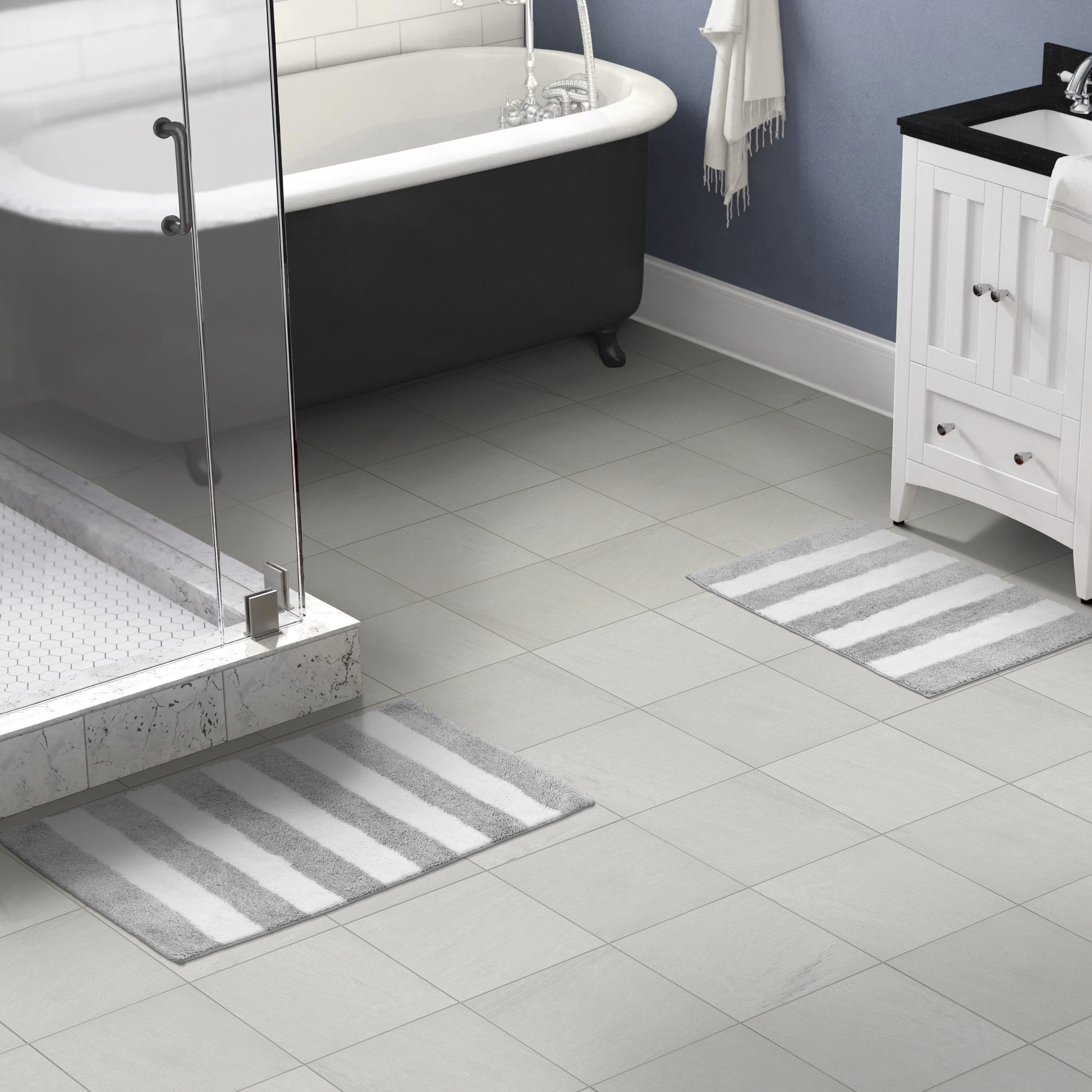 Garland Rug Beach Stripe Washable Bath Rug Set, 2 Piece Set (17"x24" Bath Rug, & 21"x34" Bath Rug) Silver/White