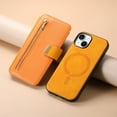 thumbnail image 2 of ELEHOLD Leather Magnetic Case For iPhone 13 Shockproof Kickstand Cover, with Detachable RFID Zipper Card Holder Walllet, Ring, MagSafe Compatible, Full Body Protection, Yellow, 2 of 12