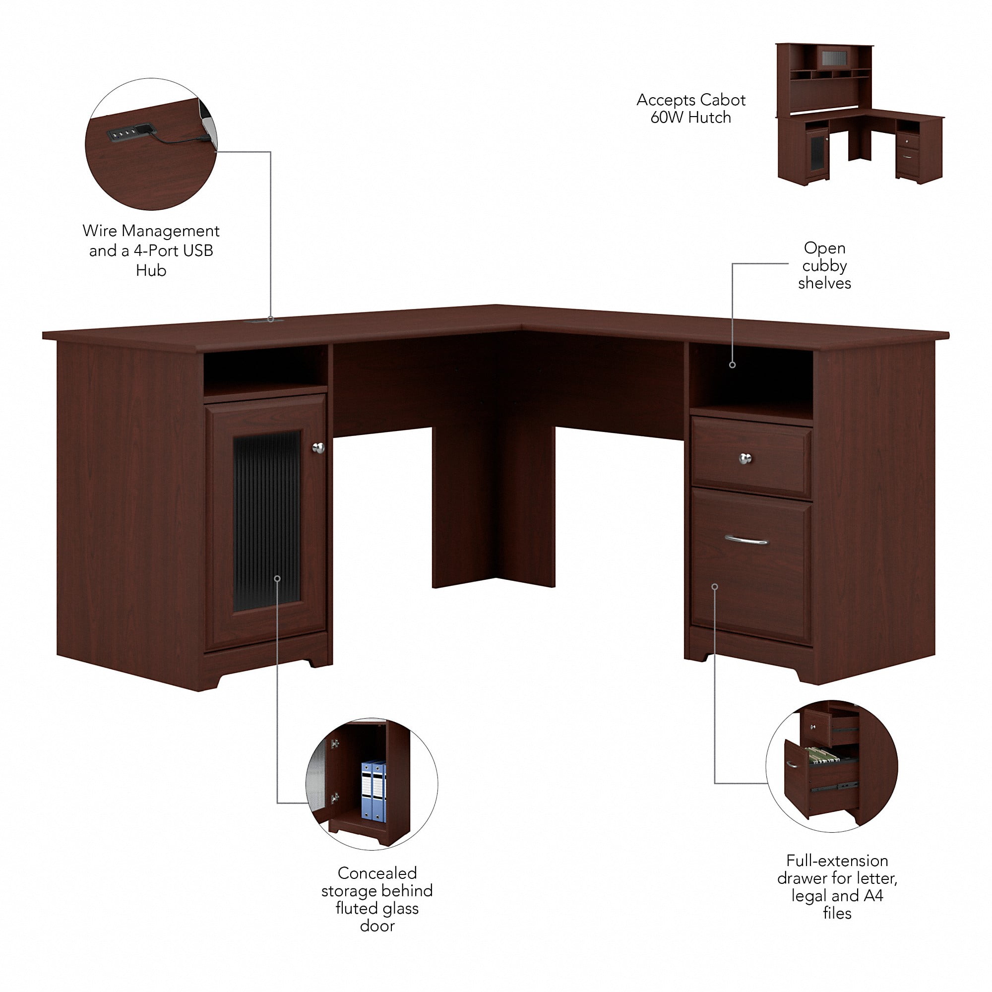 Bush Furniture Cabot 60" L Desk and Hutch with Storage, Harvest Cherry