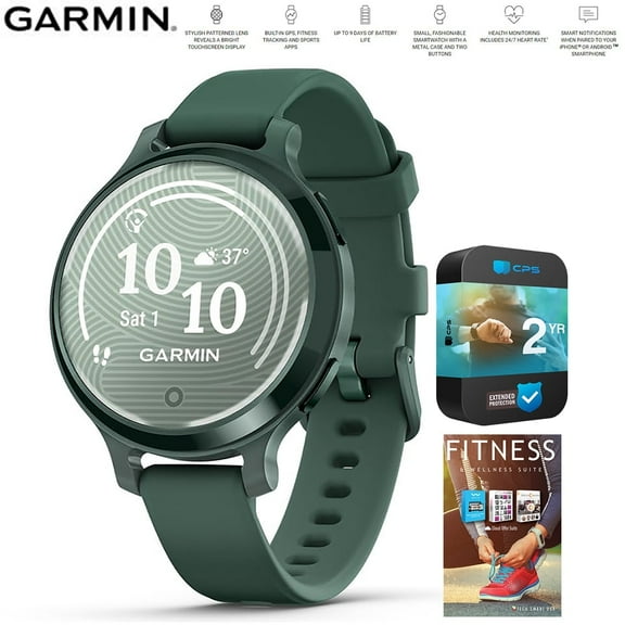 Garmin 010-02891-02 Lily 2 Active Smartwatch Jasper Green with Jasper Green Silicone Band Bundle with Tech Smart USA Fitness & Wellness Suite and 2 Year Extended Warranty