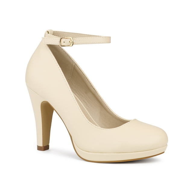 BLISSFUL STEP Escarpins à Talons Aiguilles Hauts pour Femmes à Bout Rond avec Bride à la Cheville -PU Beige-PU 6.5