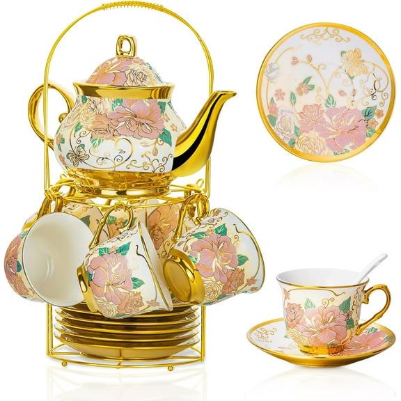 20 Pieces European Ceramic Tea Set for Adults With Metal Holder and Flower Painting (Large Cream Version)
