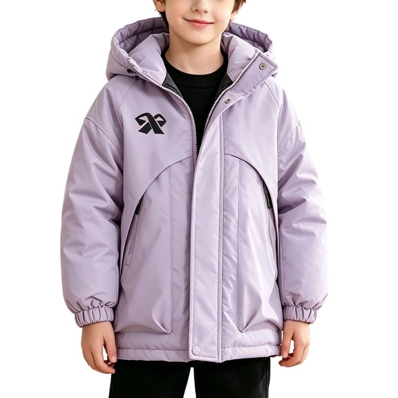 ROHUUQUE Boys Hooded Puffer Jacket Zip Up Quilted Winter Coat with Snap Buttons for School Outdoor Wear 5-15 Years Purple