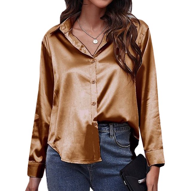 Daeful Chemisier Boutonné Col à Revers pour Femmes Élégant Tunique à Manches Longues Marron S