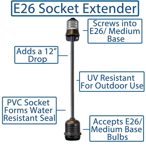 OTGFRF-E26 Medium Base 6 Inch Light Socket Extension Drop Cord, Commercial Grade for Outdoor String Lights, UV and Weather Resistant, Max 11 Watts, Black