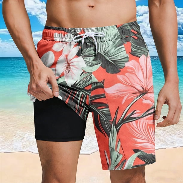 Ceisia Men's Tropical Floral Print Loose Fit Quick Dry Beach Shorts with Inner Lining Multicolor L Gifts