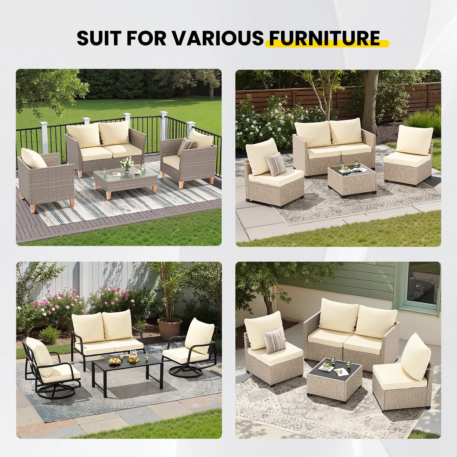 STARY Outdoor Deep Seat Cushions for Patio Furniture, 20"x20" Replacement Sectional Cushions for Outdoor Sofa, Armchair, 8 Pieces, Cream