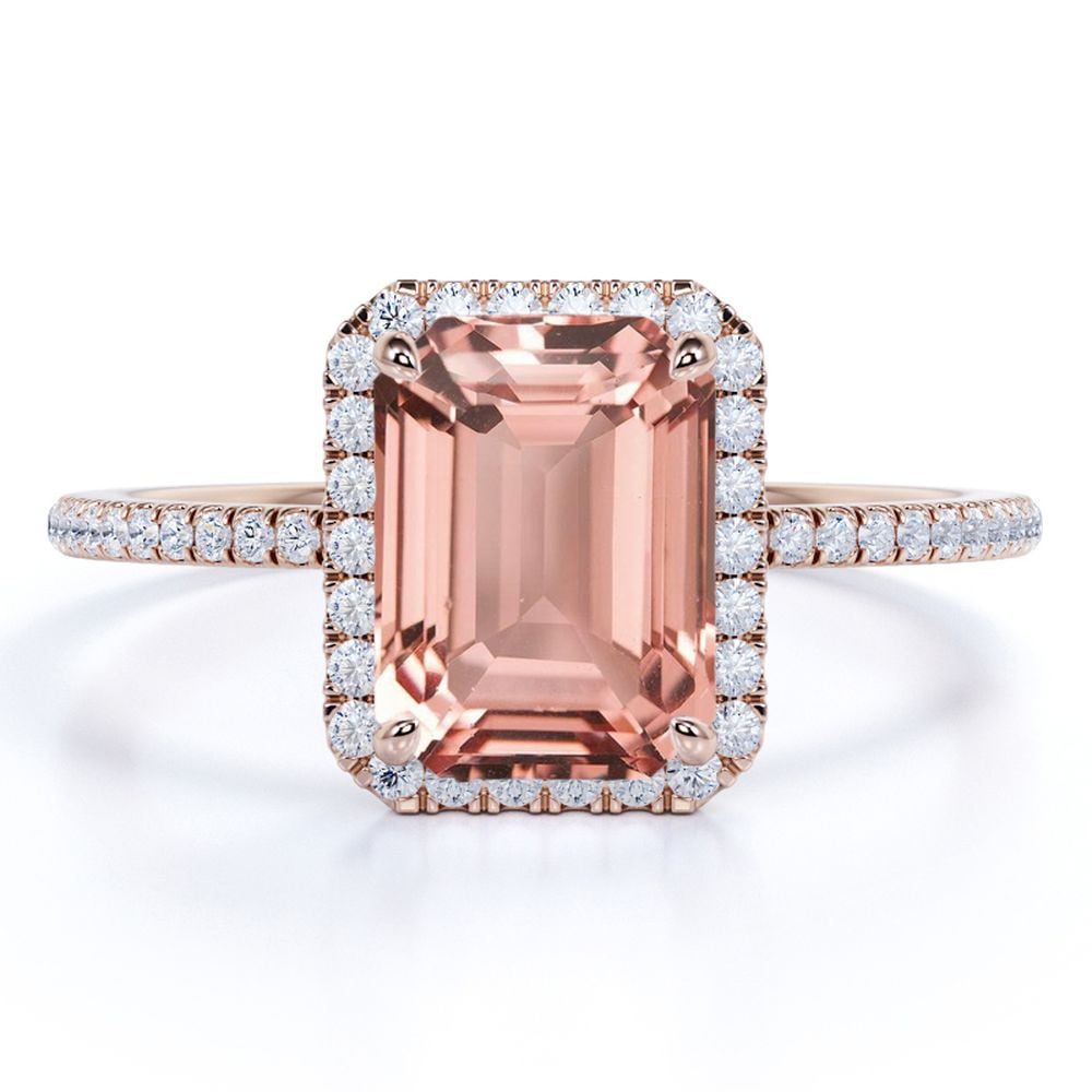 JeenMata 1.75 Carat Emerald Cut created morganite and Moissanite Halo Engagement Ring On 18K Rose Gold Over Silver
