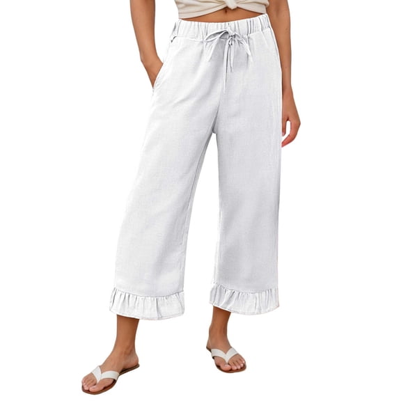 Wide Leg Capri Pants For Women Summer Linen Elastic Waisted Pull On Capris With Pockets Boho Beach Ruffle Pants