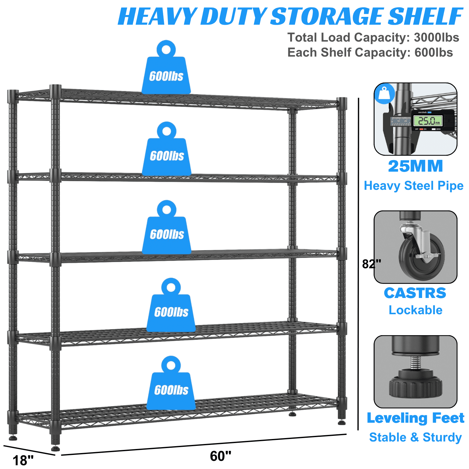 Legooin 5-Tier Heavy Duty Garage Storage Rack Rolling Shelving Unit with Wheels 18x60x82 inch Industrial Wire Shelves, Black
