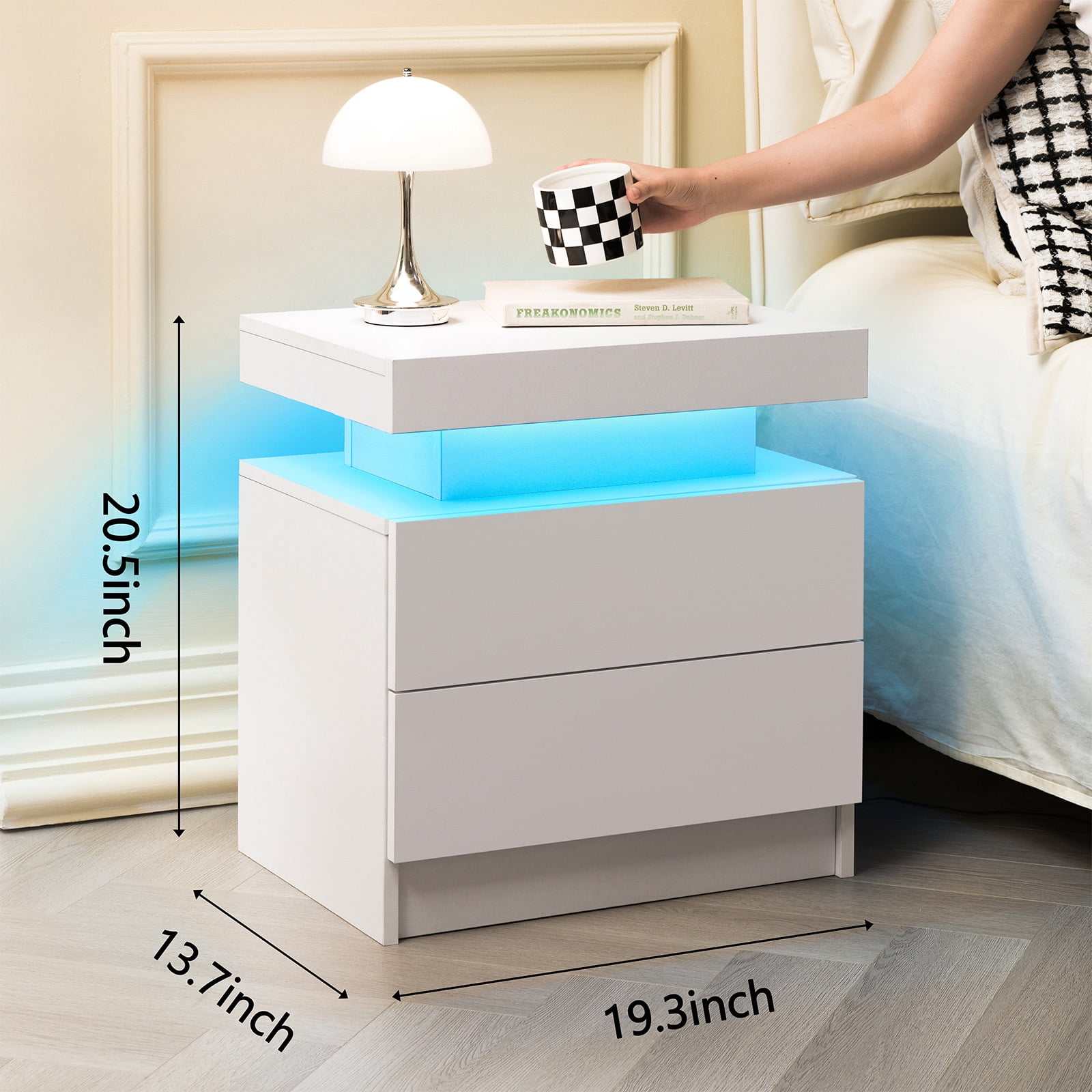 Nightstand LED Bedside Table Cabinet Lights Modern End Side with 2 Drawers for Bedroom (White)