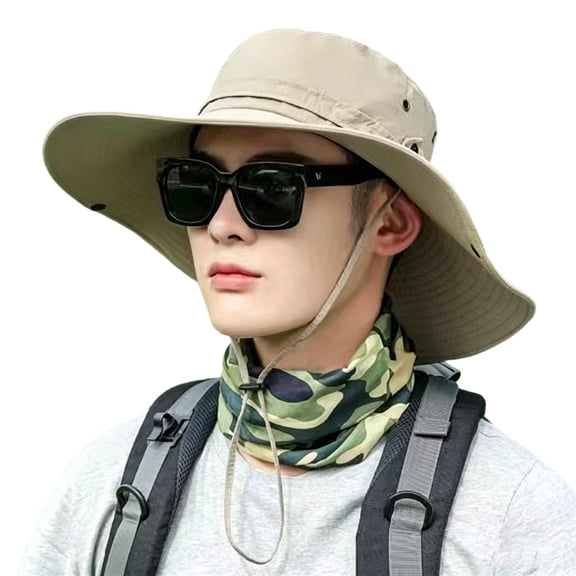Domzest Sun Hats for Men UPF 50 UV Protection Wide Brim Bucket Waterproof Hat with Adjustable Chin Strap for Outdoor Khaki