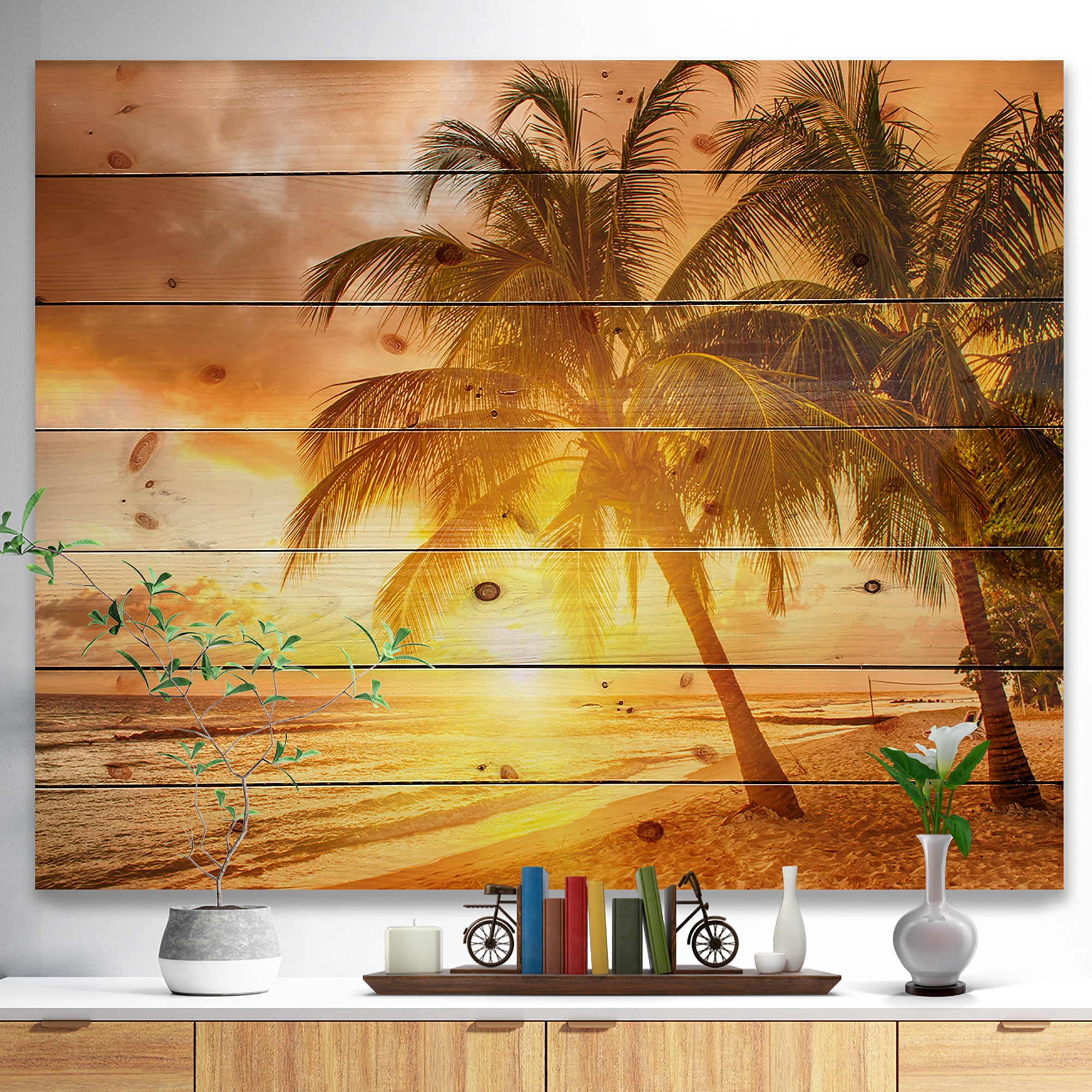 Designart 'Bright Sunset at Barbados Island' Modern Seascape Print on Natural Pine Wood
