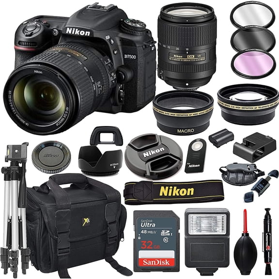 Nikon D7500 DSLR Camera with 18-300mm VR Lens   32GB Card, Tripod, Flash, and More 20pc Bundle(International Model)