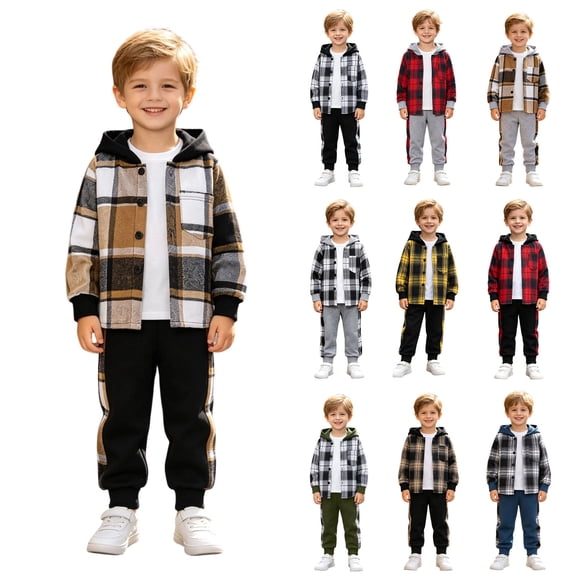 ClothesFuns Boys Sweatsuit Boys Outfit Sets 2Pcs Flannel Plaid Shirt and Pants Set Hoodie Sweatsuit for Fall Winter Spring Kids Clothes