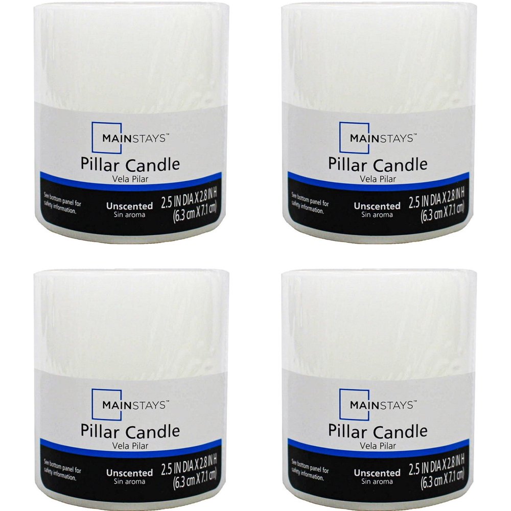 Mainstays Unscented Pillar Candles, 2.5x2.8 Inches, White (4Pack