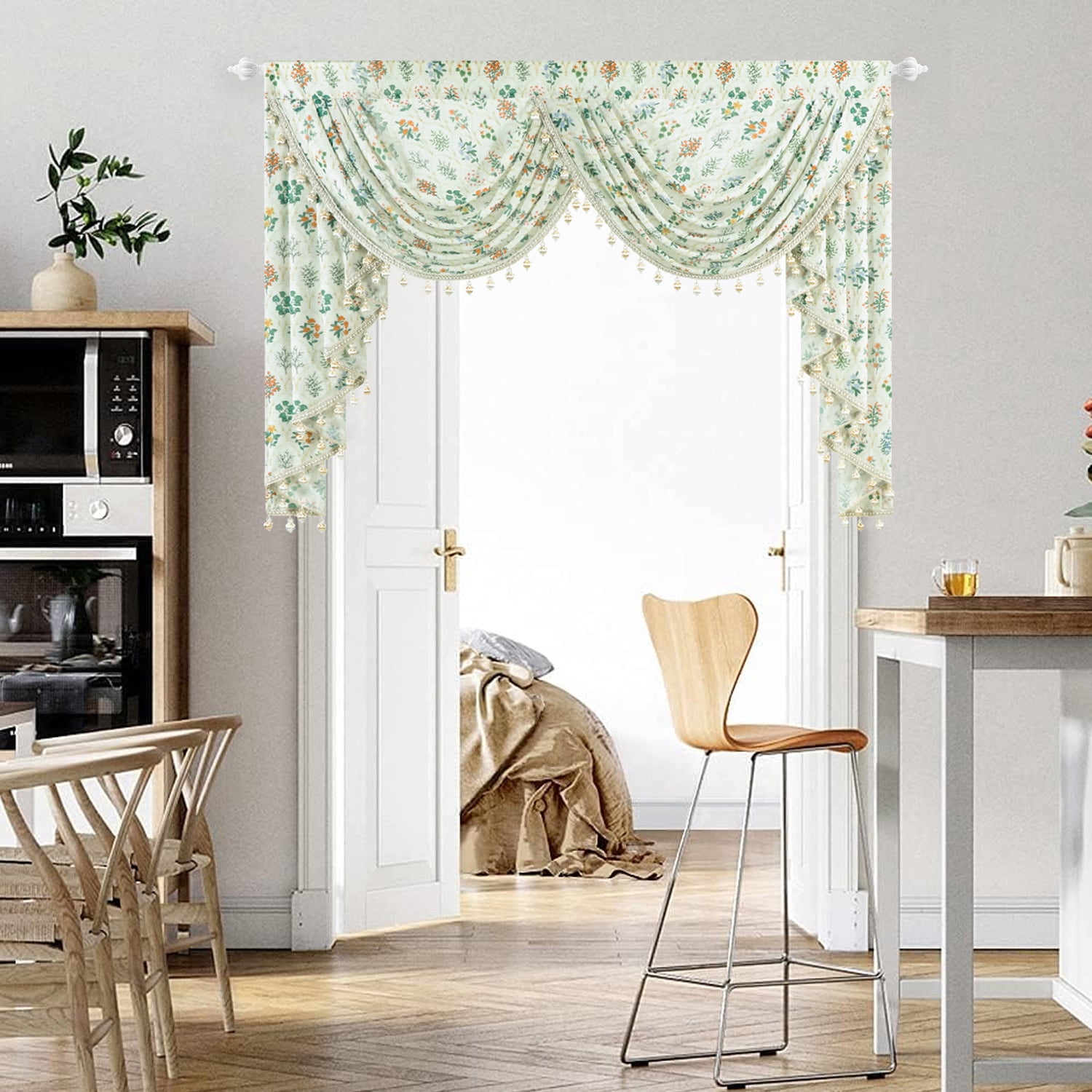 VOGOL Vintage Floral Waterfall Valance 59x43 Inch - Sheer Voile Farmhouse Curtain Topper with Beaded Fringe for Living Room