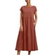 thumbnail image 1 of Vestido largo de manga corta con cuello redondo de color sólido de lino y algodón de verano informal para mujer Pompotops ghjkhdj11742, 1 of 8