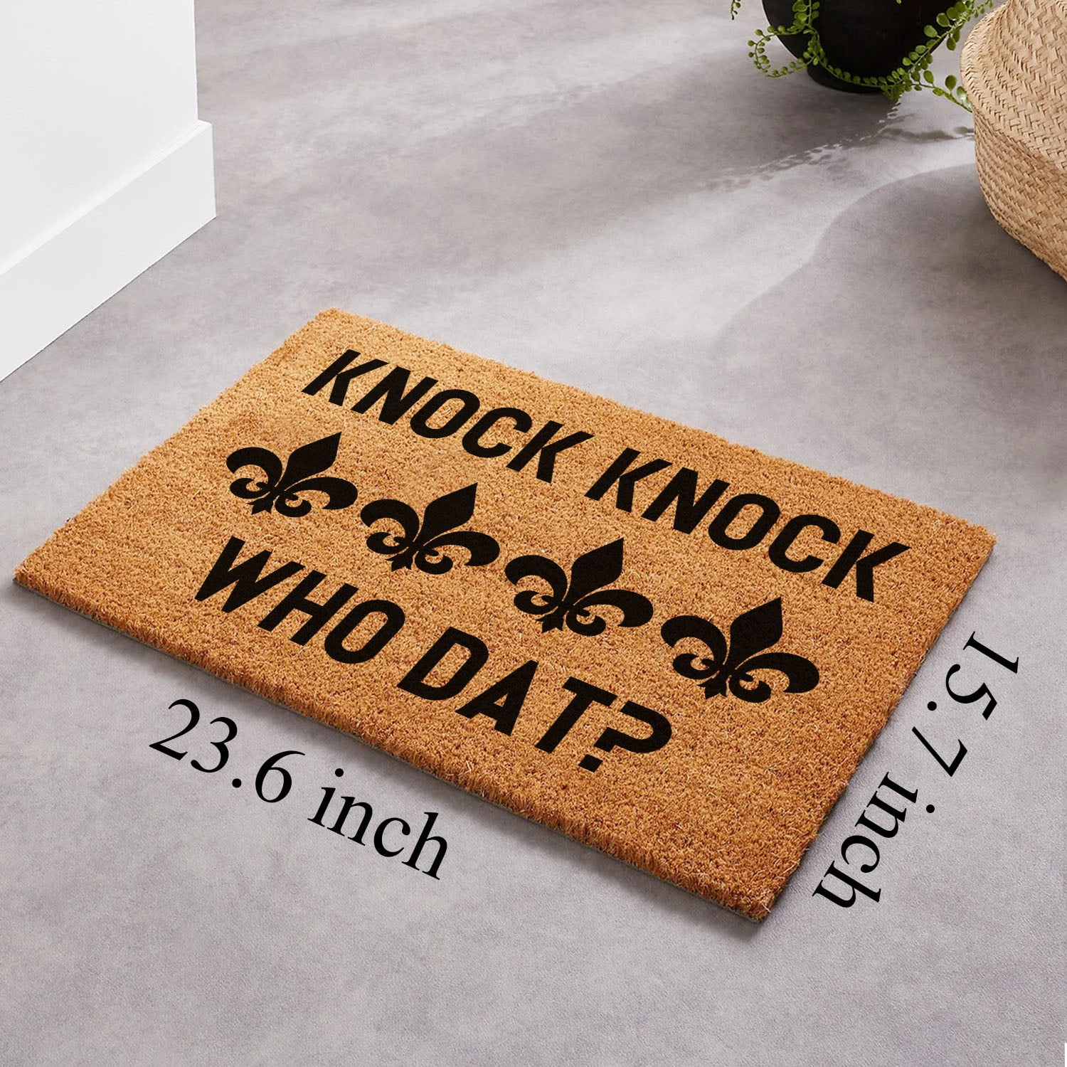 Funny Coir Doormat Knock Knock Who Dat Fleur de lis Welcome Front Porch Decor Doormat For The Entrance Way Indoor & Outdoor Personalized Rugs PVC Backing Non Slip Outdoor Coir Doormat 23.6 x 15.7inch