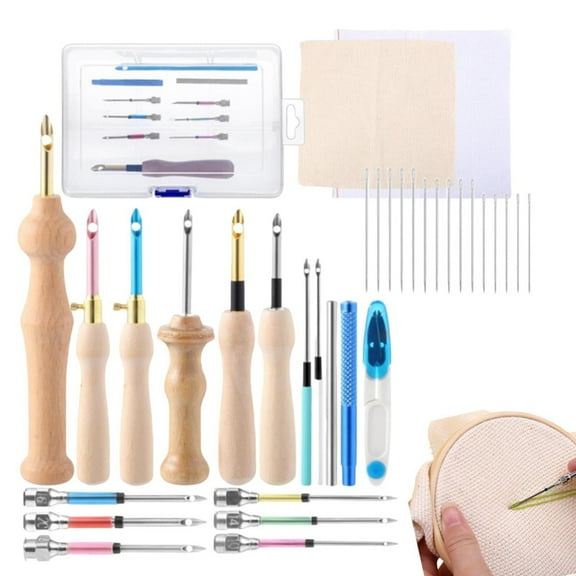 Punch Needle Kit 35 Pcs for Beginners - Adjustable Punch Needle Embroidery Set with Wooden Handle, Big Eye Needles & Fabric - Valentine's Gifts for Adults
