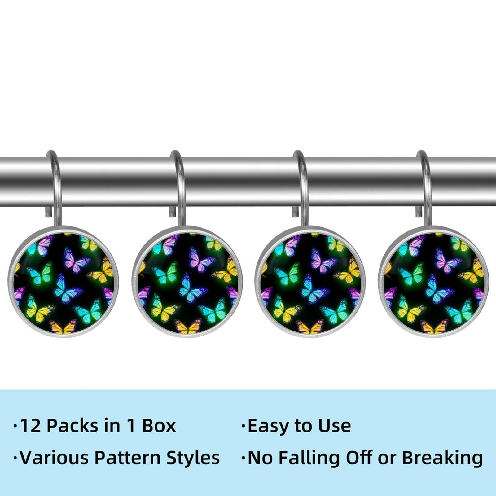 12pcs Decorative Shower Curtain Hooks, Rust Resistant Shower Rings for Bathroom Living Room,Rustproof Stainless Steel Rings for Shower Curtain and Liner Rods,Neon Colorful Butterflies