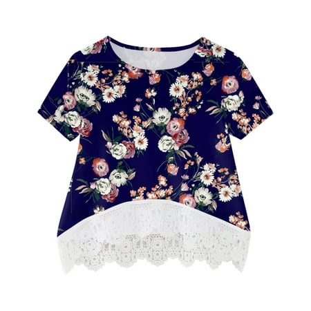 

Toddler Girls Casual Tunic Floral Flowers Prints Lace Tops Short Sleeve Loose Soft Blouse Tshirt Top