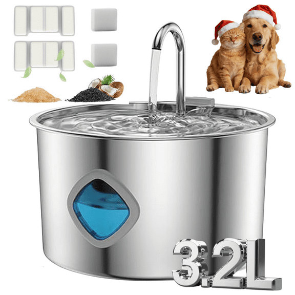 Stainless Steel Pet Water Fountain 108oz/3.2L - Ultra-Quiet Automatic Dispenser for Cats & Dogs | Indoor Pet Drinking Supplies