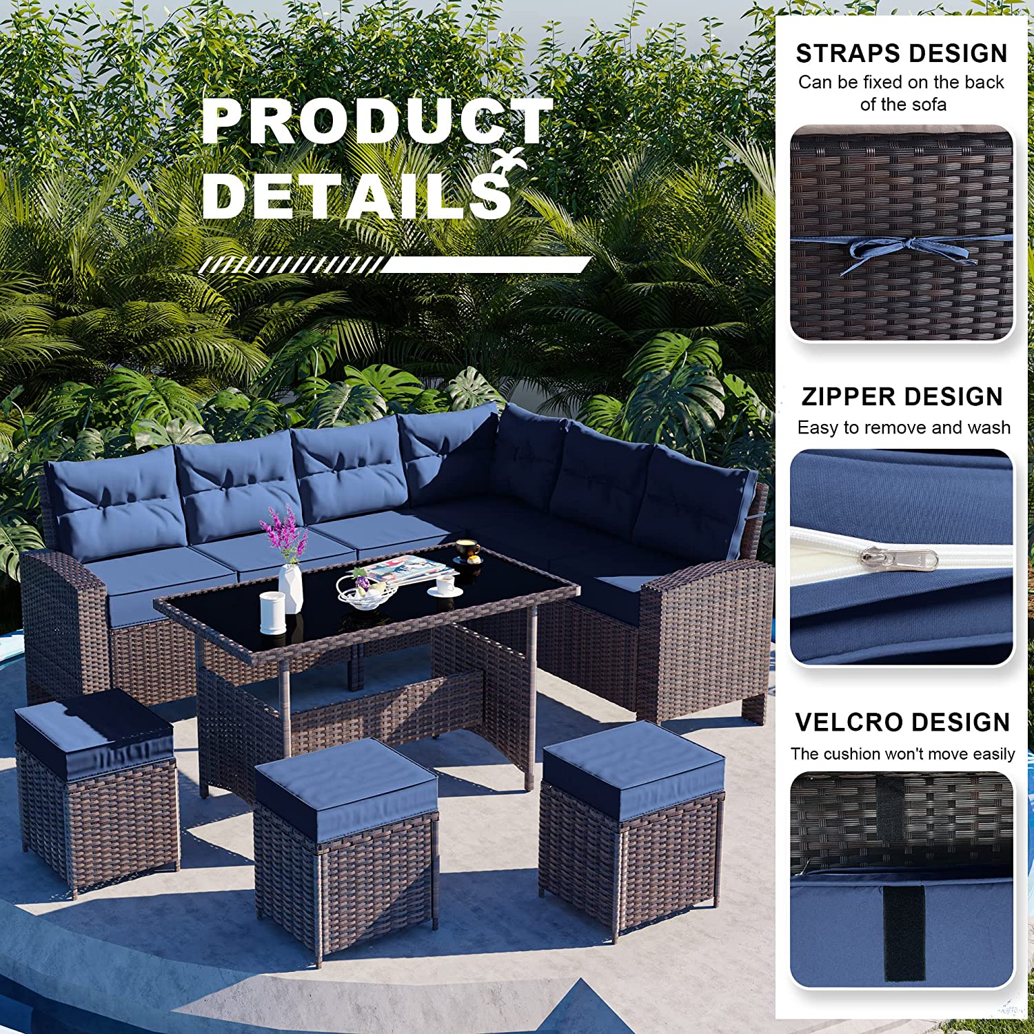 Kullavik 7 Pieces Outdoor Patio Furniture Set, All-Weather Patio Outdoor Dining Conversation Sectional Set with Coffee Table, Wicker Sofas, Ottomans, Removable Cushions,Navy Blue - image 2 of 7