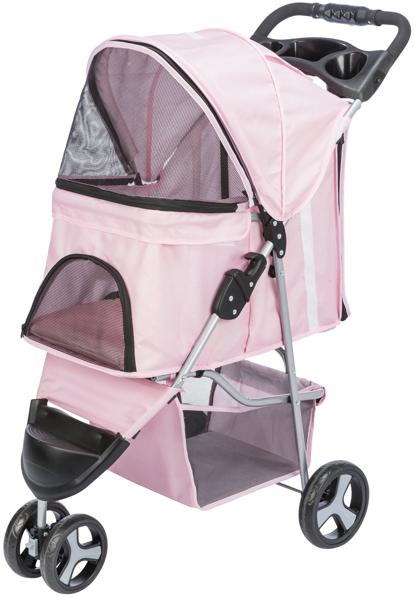 TRIXIE 3Wheeled Foldable Pet Standard Stroller with Storage, Pink